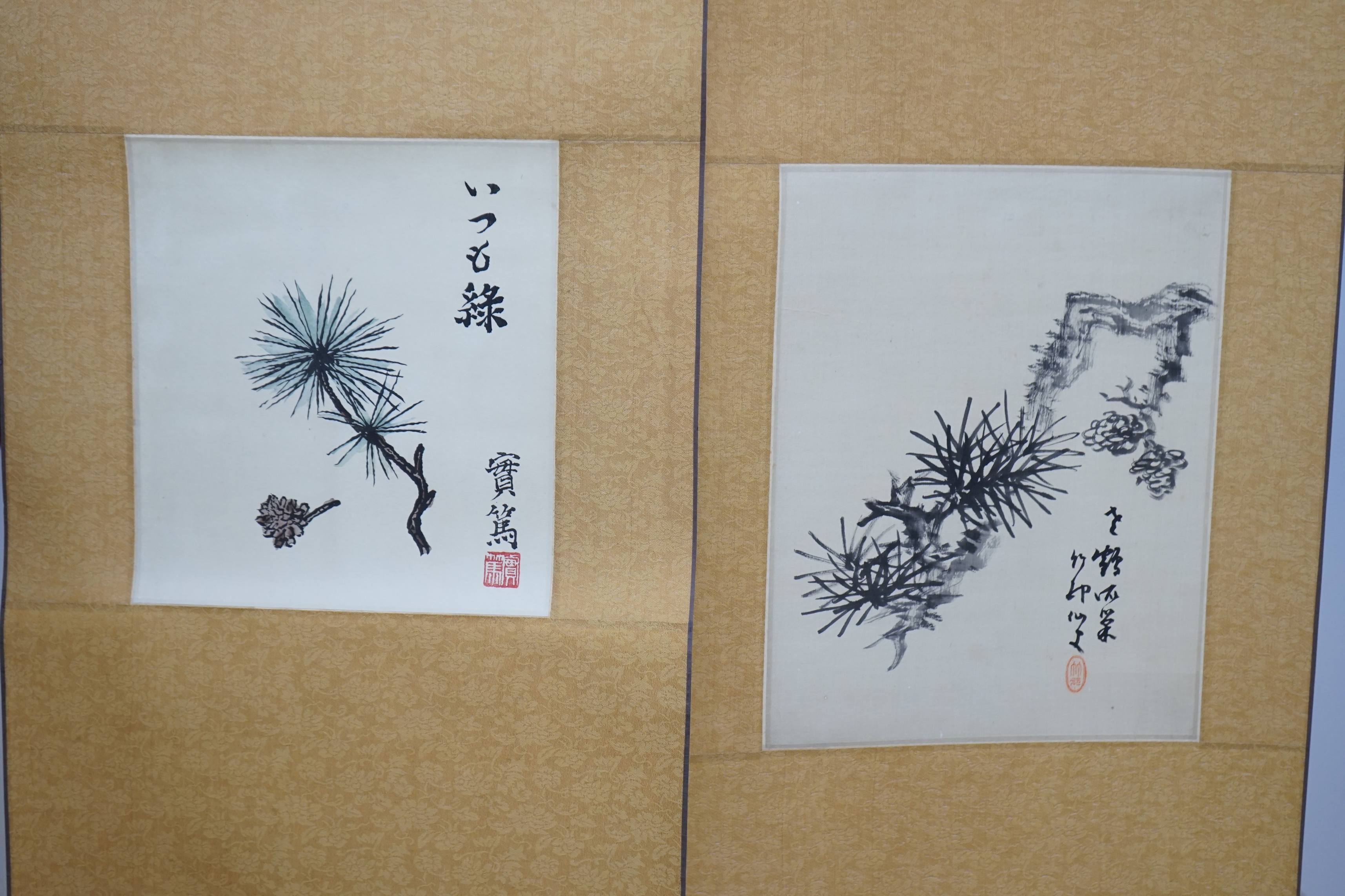 Chikusen, woodblock printed scroll, Pine-Hasu Branch and Saneatsu Mushakoji, boxed, largest 34 x 26cm. Condition- fair to good, some light staining